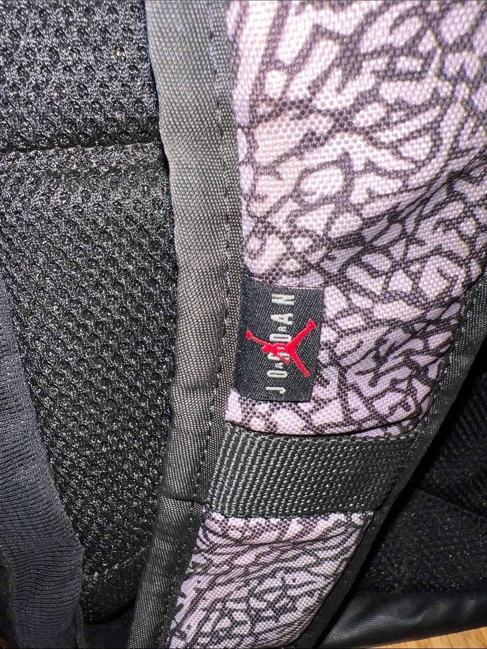 Jordan Black Backpack with Light Purple Cement Patterned Top and Red Jumpman